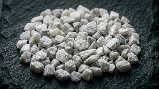 Small white marble chips and crushed stones arranged in a pile on a dark textured black slate surface, macro photography of natural decorative mineral gravel for landscaping.