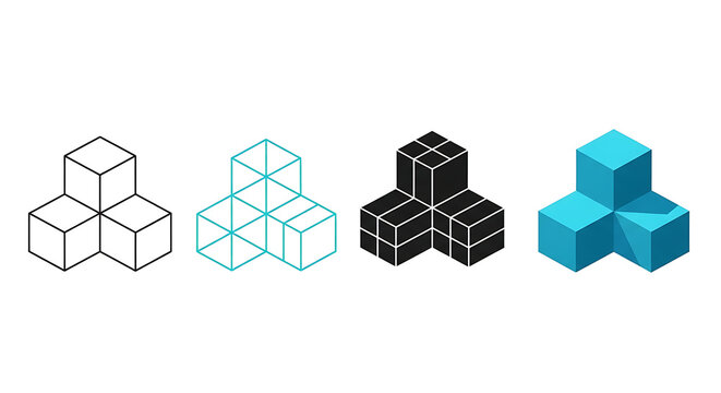 Set of four geometric cube variations isolated on white background with geometric abstract structure isometric wireframe minimalist composition graphics mathematics architectural