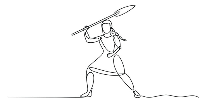 Continuous line drawing of a woman warrior holding a spear
