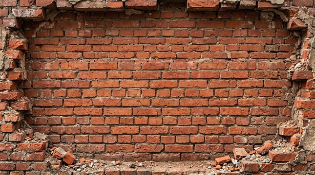 Damaged Red Brick Wall Background With Broken Edges, Rubble Texture, Rustic Grunge Surface And Copy Space