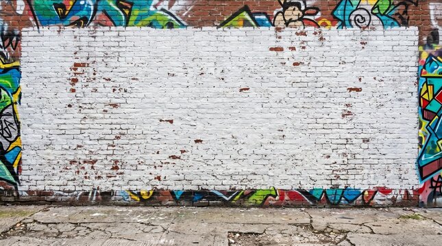 White Painted Brick Wall With Colorful Graffiti Border, Urban Grunge Background, Cracked Concrete And Copy Space