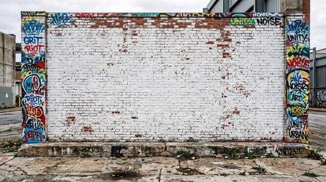 Urban White Brick Wall Background With Graffiti Borders, Industrial Street Texture And Large Copy Space