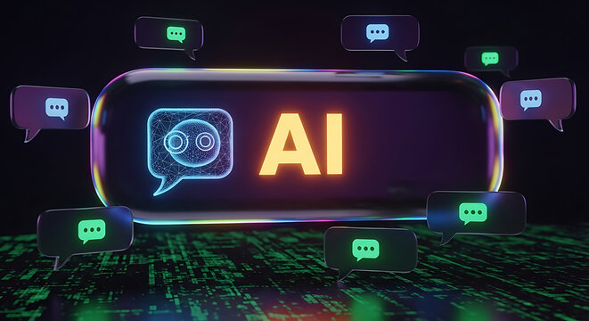 Artificial intelligence communication concept with neon chat bubbles communication technology messaging innovation computer intelligent learning software conversation internet electronic