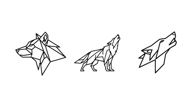 Three Stylized Wolf Head Line Art Drawings.