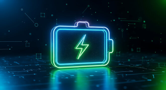Neon glowing battery icon representing energy and charging with charging electric technology lightning electricity abstract innovation electronic capacity connection hardware