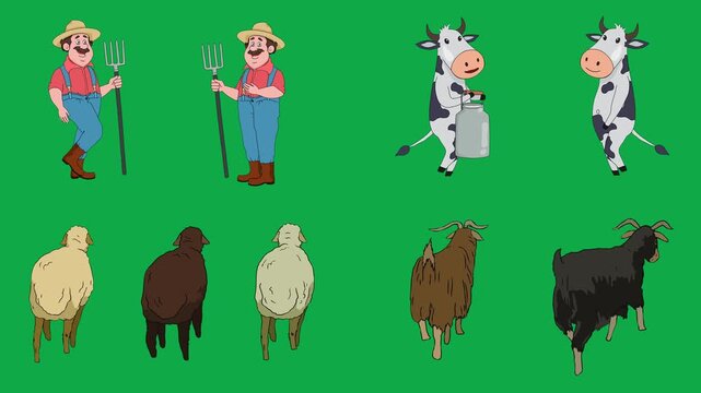 Farmer, Cow, Sheep, Goat 2d animated cartoon character on green screen chroma key background. High quality farm characters animals isolated illustration loop cycle vector animation compositing