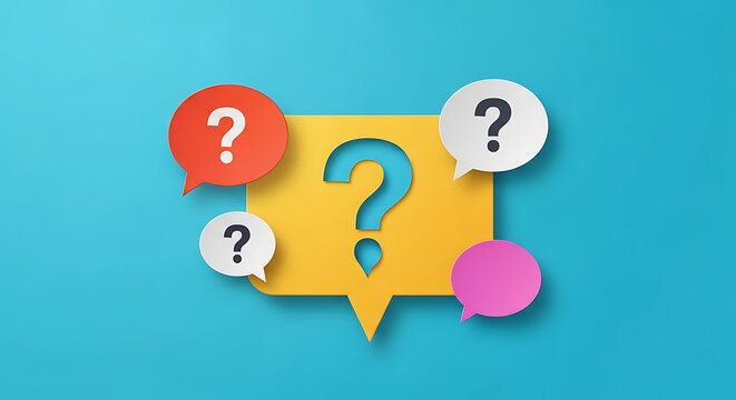 Colorful 3D speech bubble icons with question marks floating over a blue background representing frequently asked questions or solving problems question communication interactive information