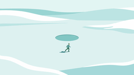 Person walking on a vast, icy plain towards a dark hole, minimalist illustration © Vision Plus Studio