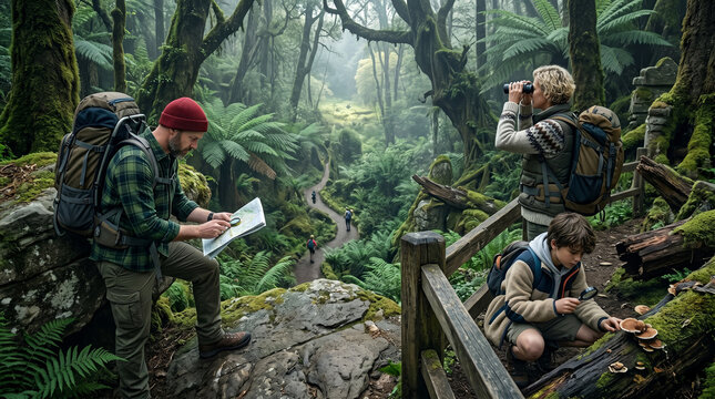 Three members of a hiking family pause along a misty rainforest trail. One checks a map, another uses binoculars, and a boy examines forest mushrooms.