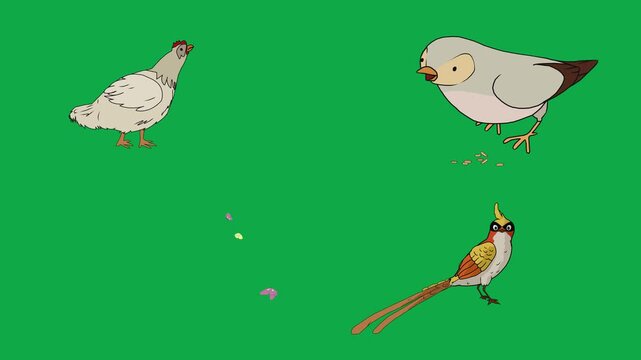 Hen, Pigeon, Pheasant, Butterfly 2d animated cartoon character on green screen chroma key background. High quality birds insects nature isolated illustration loop cycle vector animation compositing