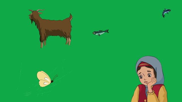 Goat, Fish, Butterfly, Girl 2d animated cartoon character on green screen chroma key background. High quality nature characters isolated illustration loop cycle vector animation compositing