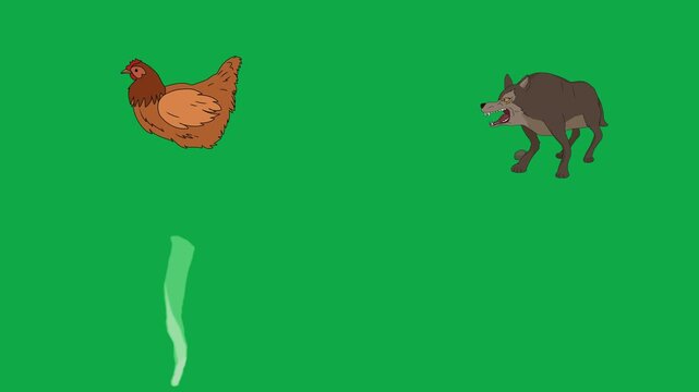 Hen, Wolf, Deer, Magic 2d animated cartoon character on green screen chroma key background. High quality fantasy nature animals isolated illustration loop cycle vector animation compositing