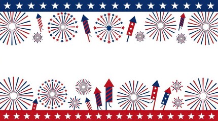 Fototapeta premium Patriotic fireworks and star border pattern on white background