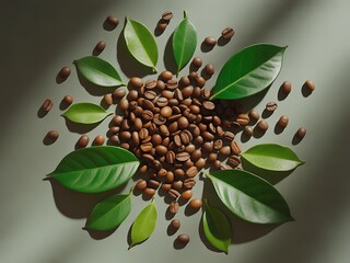 Obraz premium Coffee Beans with Green Leaves on Gray Background