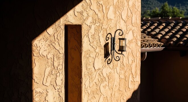 Textured stucco wall with decorative sconce and dramatic shadow