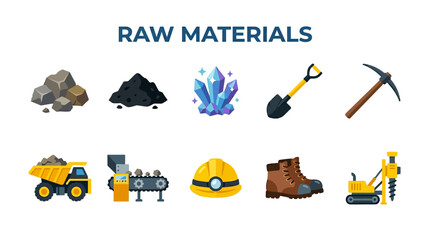 Mining Raw Materials Icons with Rock Coal Crystal Tools and Heavy Equipment © Ing
