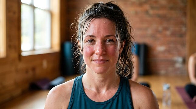 A close-up portrait of a woman with sweat on her face after a yoga session, looking directly at the camera