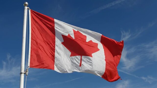 Canadian flag waving proudly against a clear blue sky with wispy clouds