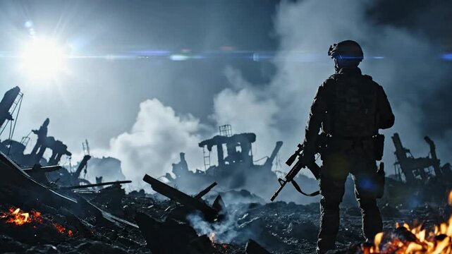 Soldier stands amidst the smoky ruins of a devastated battlefield at dusk.