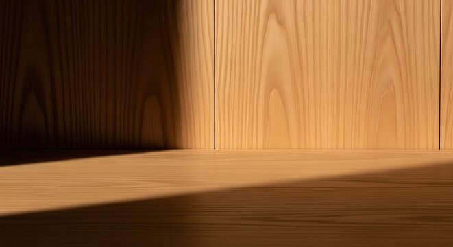 Warm natural wood grain texture with tight even pattern illuminated by dramatic sunlight and shadow