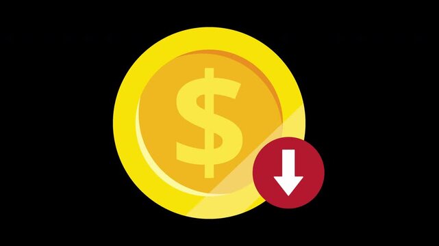 Transparent Alpha Channel Falling US Dollar Currency Icon with Red Downward Arrow for Financial Crisis