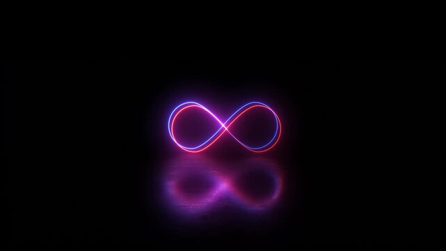 Neon glowing Infinity symbol icon video Animation on Black Background. infinity with reflection icon animation. Glowing infinity loop, neon energy flow in darkness. Eternity concept motion.