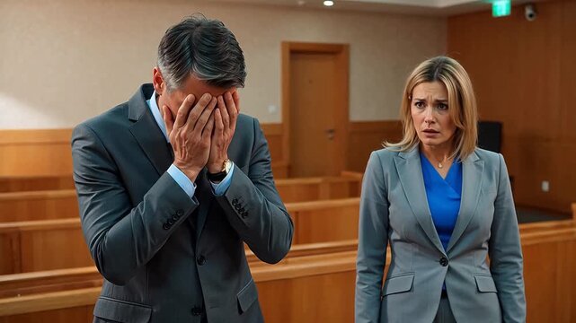 Man in court covering face while woman looks on