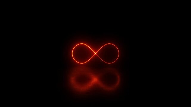 Neon glowing Infinity symbol icon video Animation on Black Background. infinity with reflection icon animation. Glowing infinity loop, neon energy flow in darkness. Eternity concept motion.