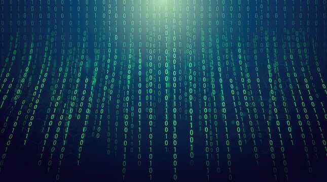 Digital binary code matrix background with green glowing stream