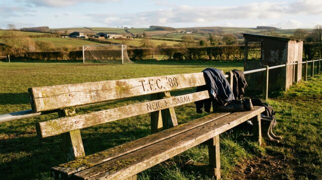 Weathered wooden bench with carved text T.F.C. '88 on a rural football pitch sideline featuring a goal net, rolling green hills, and stone farm buildings under warm afternoon light.