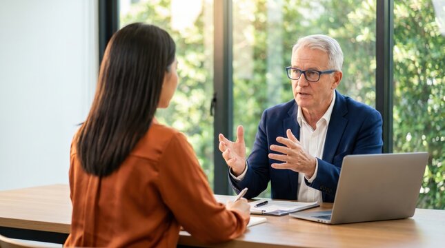 Serious mature businessman discussing project with young female colleague in modern office.