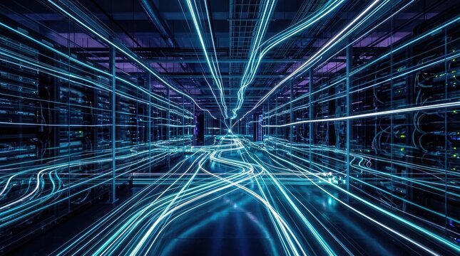 Data center interior with illuminated server racks and network cables
