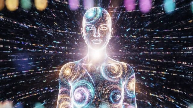 Humanoid silhouette formed by swirling galaxies and stellar dust stands as a symbol of cosmic consciousness and existential wonder.