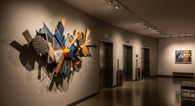 Dynamic abstract art installation mounted on a curved wall in a modern building interior with elevators