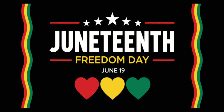 Juneteenth Freedom Day Banner Vector Layout with Pan-African Hearts and Wave Borders