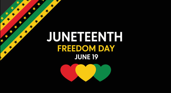 Juneteenth Freedom Day Banner Vector Layout with Pan-African Hearts and Diagonal Star Stripes