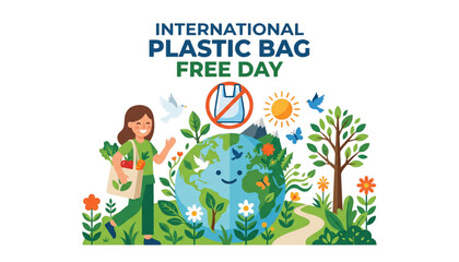 Fototapeta premium International Plastic Bag Free Day girl with reusable grocery bag and eco earth conservation vector illustration