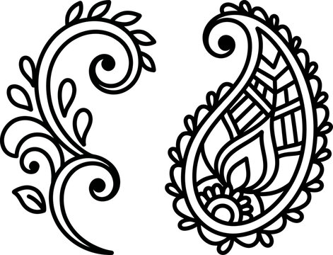 Intricate paisley and floral swirl designs in black outline for decorative applications and cultural motifs