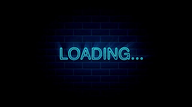 Neon sign loading text flickers on and off against a dark brick wall background.