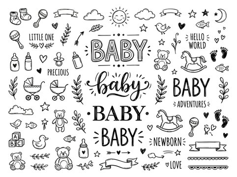 Baby newborn text icons and symbols.