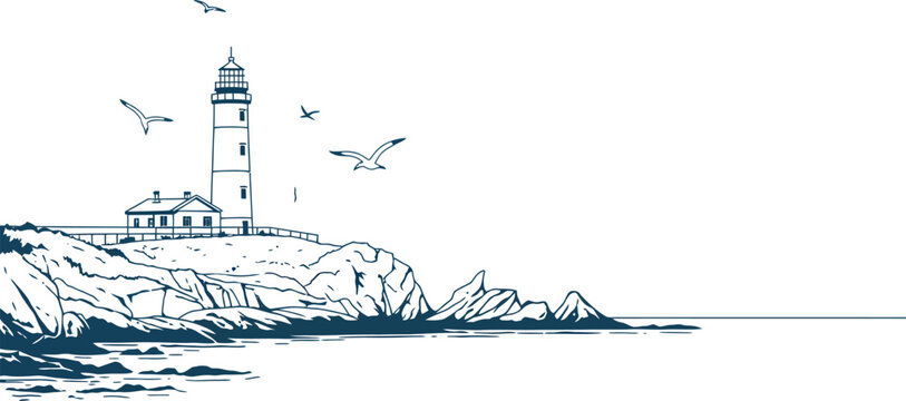 Coastal Lighthouse with Flying Seagulls ocean cliff