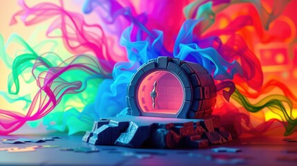 Fototapeta premium Colorful portal stands upon stone base. Vibrant smoke swirls around magical doorway, creating dramatic scene. Fantasy, energy, light.