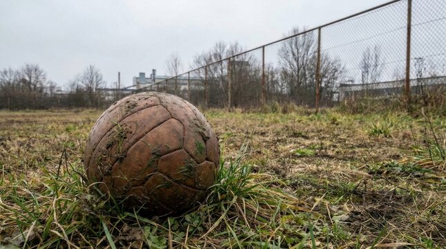 Mud-splattered weathered soccer ball with grass stains resting on a patchy field with a rusted chain-link fence and industrial buildings under a grey overcast sky.