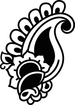 Ornate paisley motif with floral elements in black ink on white background for textile design