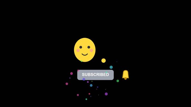 Subscribe button animated click for YouTube video channel and social media engagement. Notification bell and smiley face emoji for content creators.