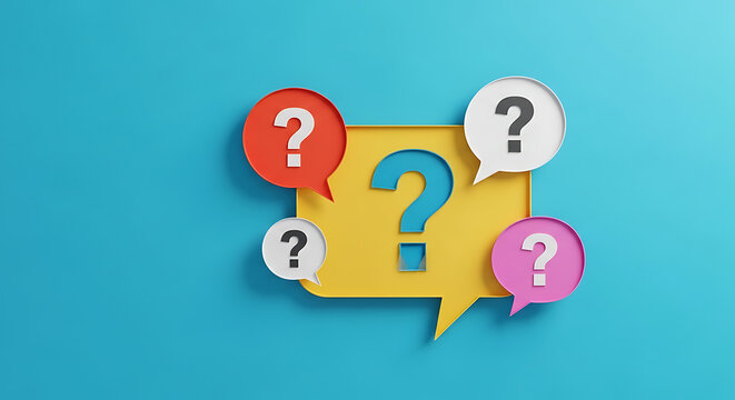 Colorful 3D speech bubbles with question marks on a blue background representing customer support help desk frequently asked questions question communication information assistance solution