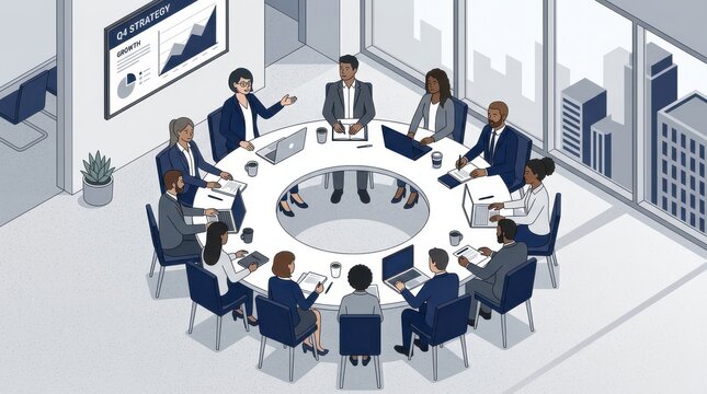 Diverse business team meeting in modern office with q4 strategy presentation