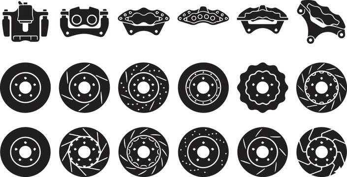 Set of motorcycle and car disc brake rotors and calipers in black vector silhouette style for automotive engineering.