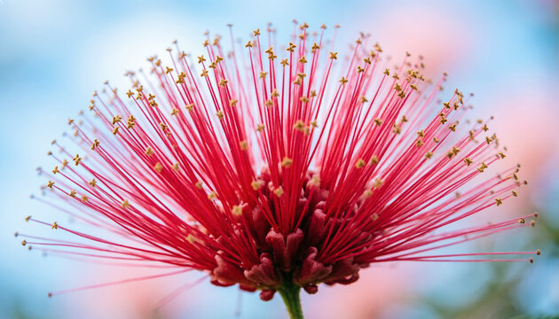 Vibrant crimson powderpuff flower blooming with elegant golden-tipped stamens against a soft pastel sky background