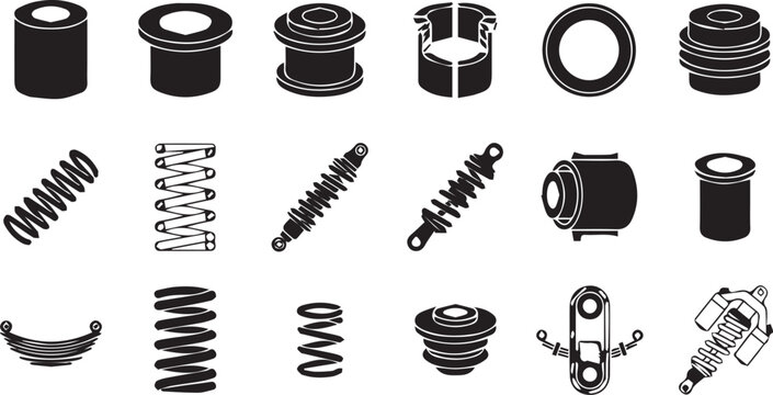 Suspension Bushing and Coil Spring Icon Set Automotive Chassis Component Silhouettes